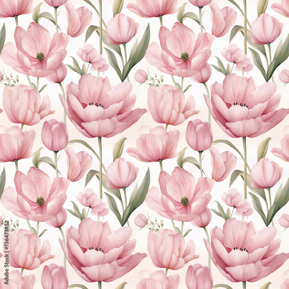 Seamless pattern of pink tulips.