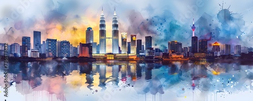 A vibrant watercolor painting showcasing Kuala Lumpur Malaysias stunning cityscape. Concept Kuala Lumpur Cityscape, Watercolor Painting, Vibrant Colors, Stunning Landmarks, Malaysia photo