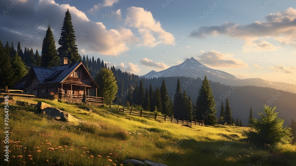 A cabin in a mountain landscape,,
Tranquil scene of rustic cottage in meado
