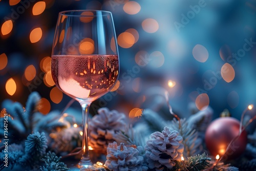 A wine glass filled with liquid is placed on a table decorated for Christmas, surrounded by festive tableware and stemware, celebrating the holiday season