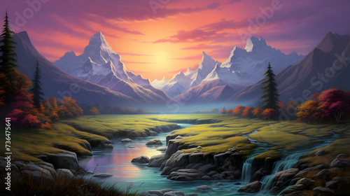 Desert Oasis Scene,, A painting of a mountain lake with a mountain in the evening  © Imran