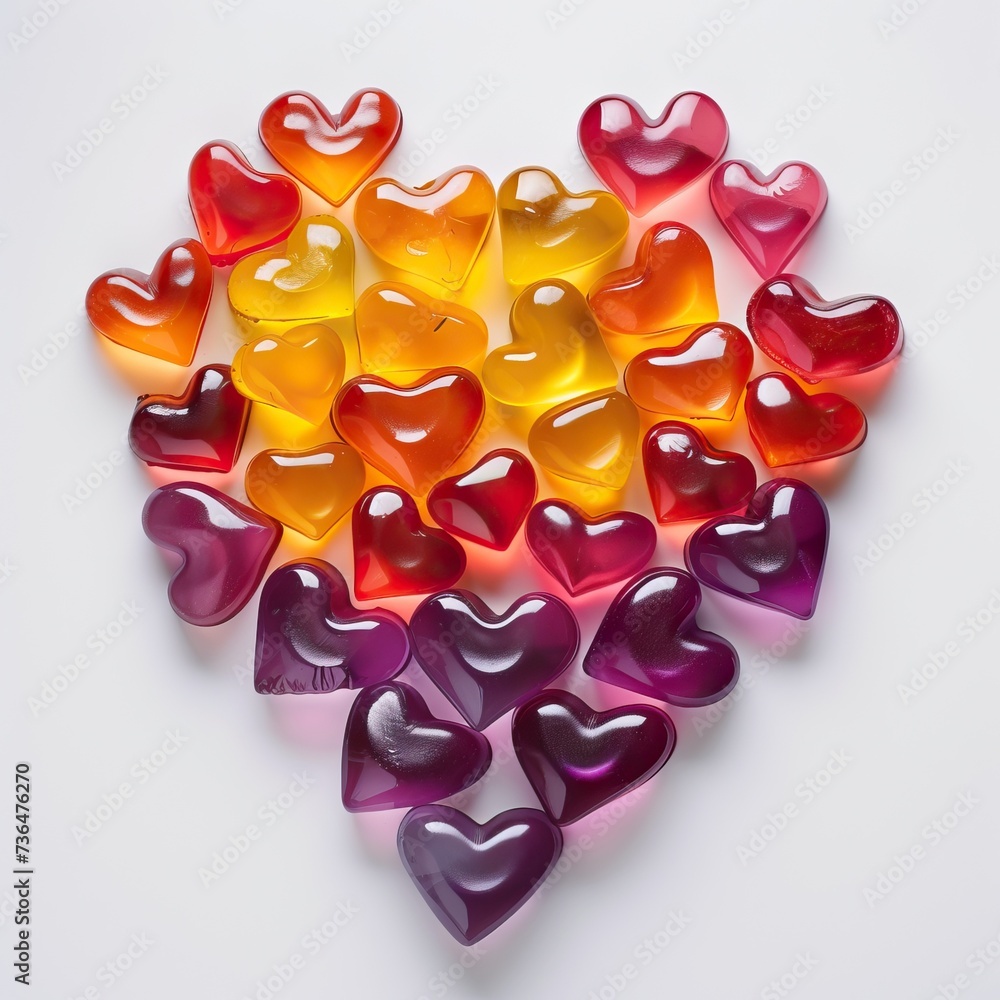 This image displays a collection of glossy, translucent hearts in a gradient of warm colors, ranging from deep purple to vibrant red, bright orange, and sunny yellow, all carefully arranged on a white This image displays a collection of glossy, translucent hearts in a gradient of warm colors, ranging from deep purple to vibrant red, bright orange, and sunny yellow, all carefully arranged on a white