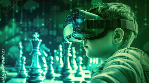 In this image, a young child is shown from the side wearing a bulky virtual reality headset, deeply engaged in an interactive game of chess that seems to be part of a futuristic, neon-lit digital worl