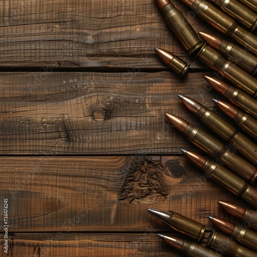 This image depicts a series of metallic rifle bullets with pointed tips aligned horizontally across rustic wooden planks, which feature a rich, dark grain pattern. The bullets have a brass casing and 