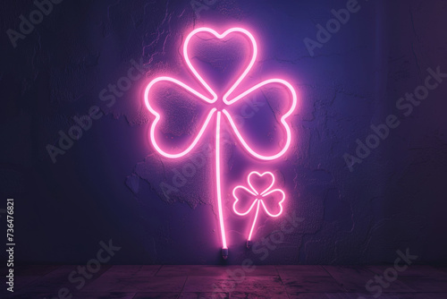 St. Patrick's Day celebration. Glowing pink neon signs of two shamrocks on club wall. Traditional Irish holiday in March photo