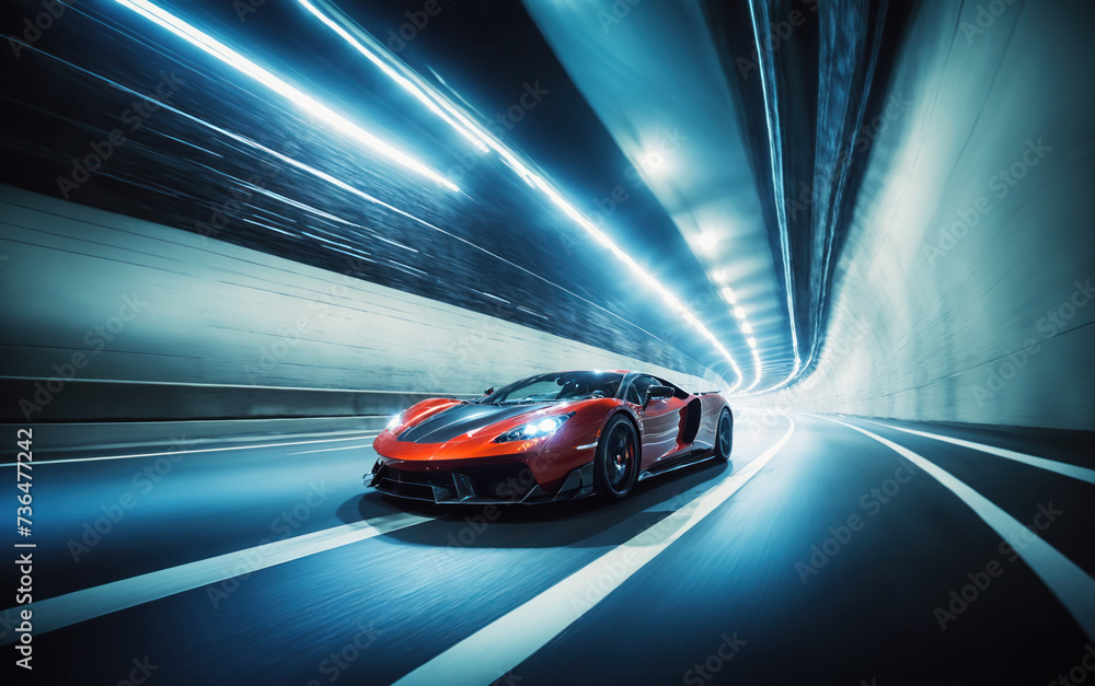 Supercar driving fast in a tunnel, motion blur