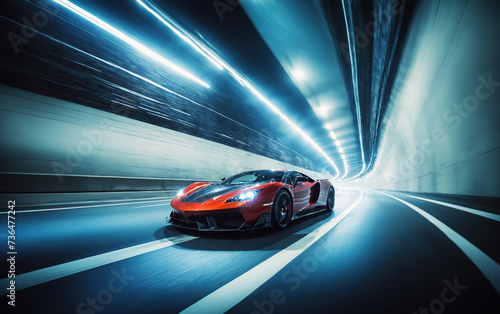 Supercar driving fast in a tunnel, motion blur