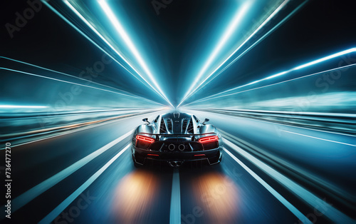 Supercar driving fast in a tunnel, motion blur