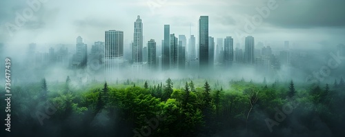 Environmental transformation City skyline evolves into sustainable green city promoting urban development. Concept Eco-Friendly Cities, Sustainable Urbanism, Green Infrastructure, Urban Development photo