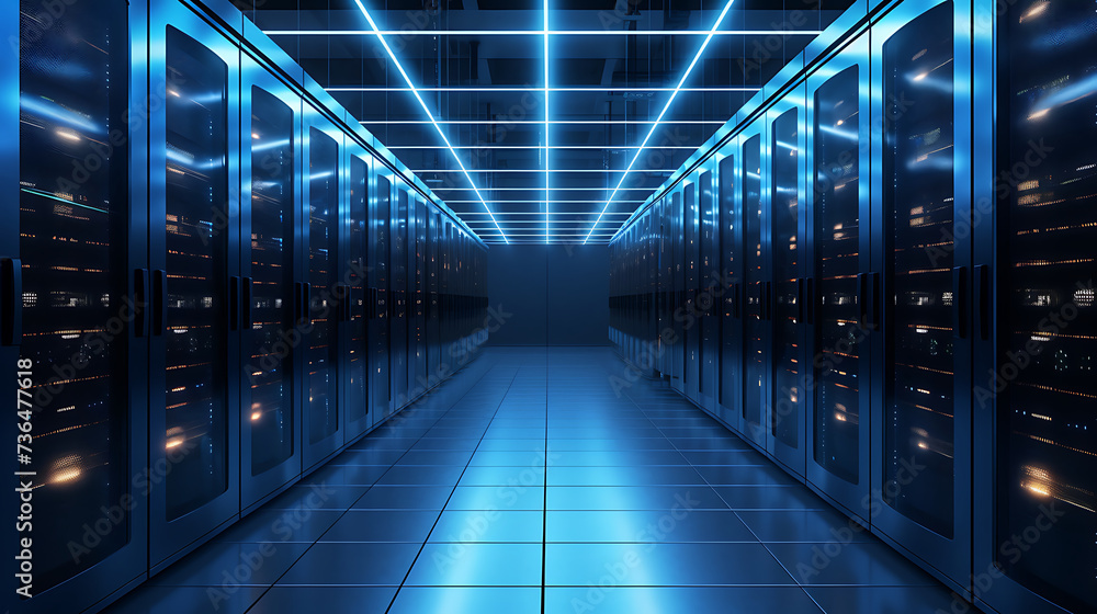 Fototapeta premium A Data Center With Multiple Rows of Fully Operational Server Racks. Modern Telecommunications, Artificial Intelligence, Generative AI