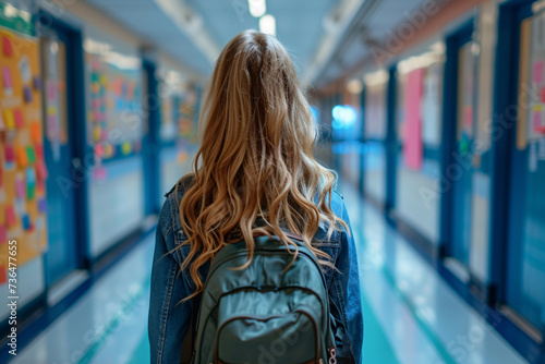 Back view of a lonely female student with a backpack walking down a school hallway, concept of loneliness and bullying. photo