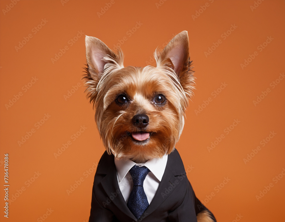 Yorkshire terrier dog in men's suits with a tie. Pets in a jacket. Work in office