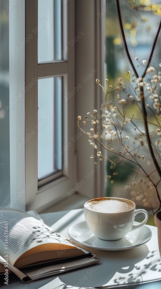 Coffee mug and book on rustic wooden table, next to a window, sunlight makes shadows. Coffee mug and book on rustic wooden table, next to a window, sunlight makes shadows.