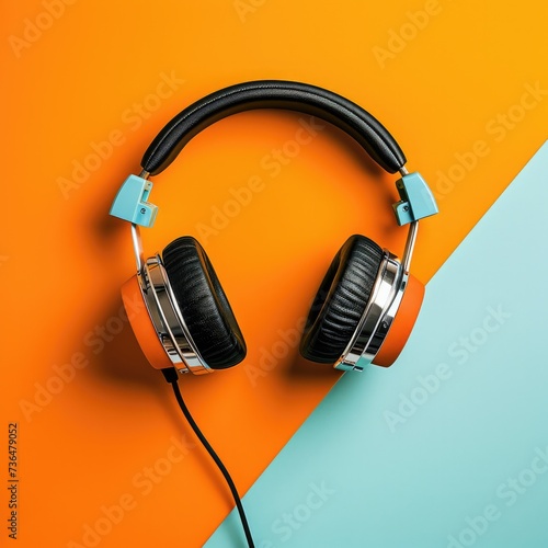 The podcast logo is black headphones on an orange - turquoise background