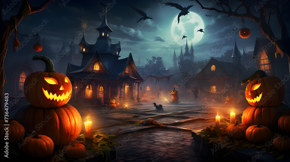 Witchy Pumpkin Patch Background Illustration,,
Halloween background with pumpkins and haunted house - Halloween background with Evil Pumpkin. Spooky scary dark Night forrest. Holiday event halloween 
