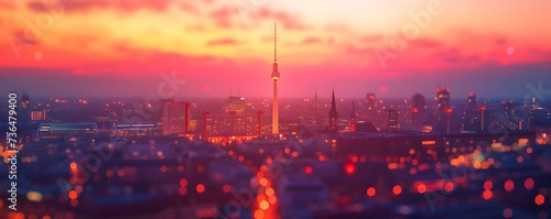 The Iconic Fernsehturm Berlin Television Tower Illuminated by Stunning Sunset Colors. Concept Historic Landmarks, Sunset Photography, Berlin Architecture, Tourist Attractions, Skyline Silhouettes photo