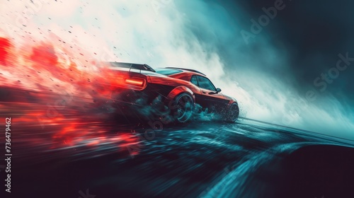 A red car on a sharp turn, depicted in close-up with clouds of dust from under the wheels, with a bright color palette