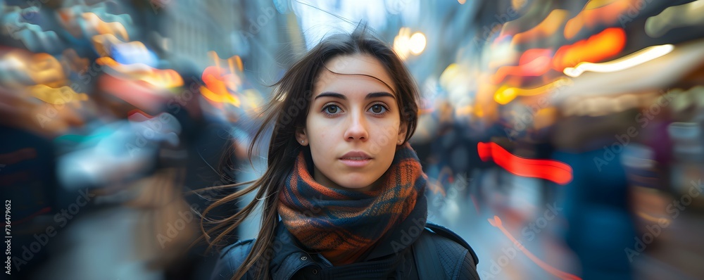 Young woman exudes selfassurance as she navigates the bustling city streets. Concept City life, Confidence, Self-assurance, Urban exploration, Young woman