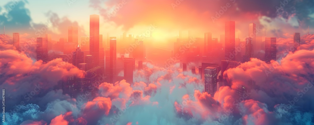 Vibrant cityscape immersed in a retrofuturistic cyberpunk atmosphere with skies and clouds. Concept Neon-lit Skyscrapers, Futuristic Cityscape, Cyberpunk Vibes, Skyline Landscape