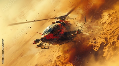 Military helicopter in a sandstorm