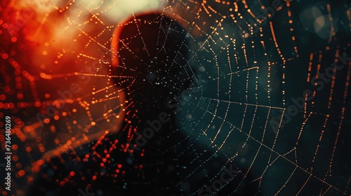 The silhouette of a man against the background of a spider web in the forest, at sunset