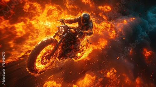 Photo of a stuntman on a motorcycle, against a background of flames, fiery flowers © 500percent