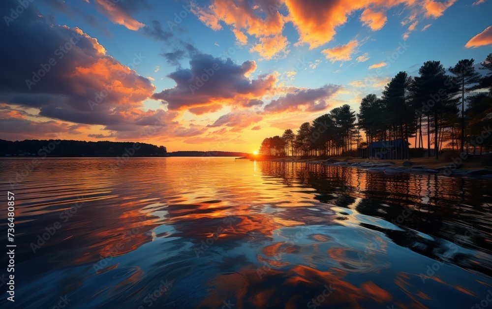 The sun is setting over a lake, casting a warm glow on the tranquil water surrounded by trees.