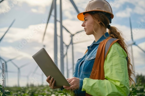 A woman in a hard hat confidently monitors the sky while standing among the tall grass and windmills, her face illuminated by the tablet in her hand and adorned with fashionable accessories