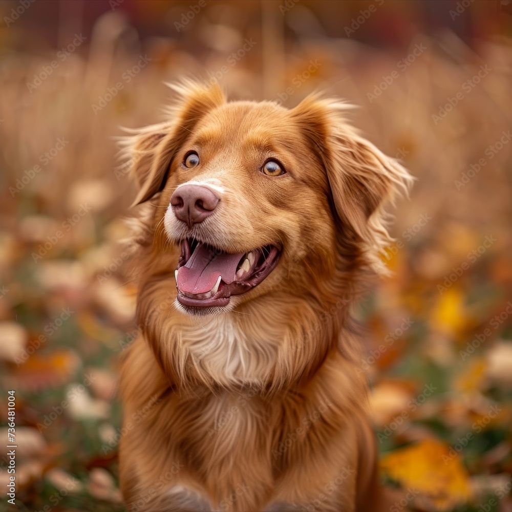 A lively golden retriever enjoys the crisp autumn air with its mouth open, showcasing its playful and loyal nature as a beloved pet in the great outdoors