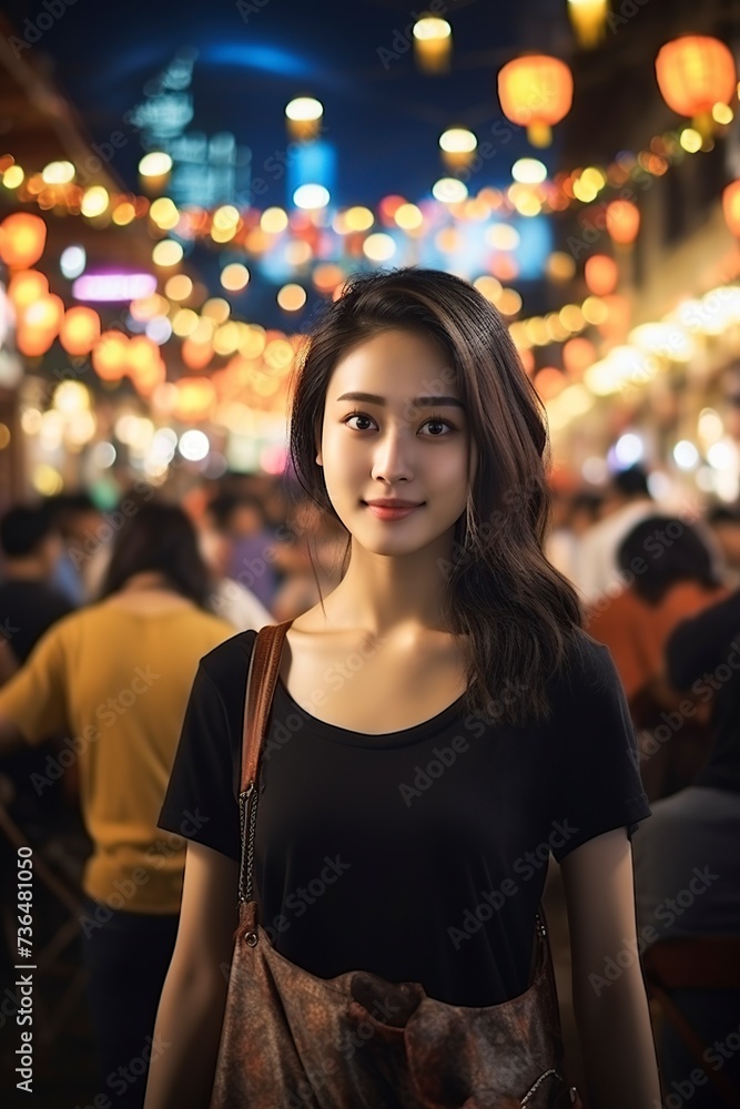 beautiful asian girl in an indeterminate place illuminated with many lights beautiful asian girl in an indeterminate place illuminated with many lights