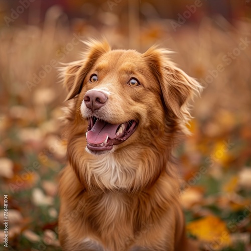 A lively golden retriever enjoys the crisp autumn air with its mouth open  showcasing its playful and loyal nature as a beloved pet in the great outdoors
