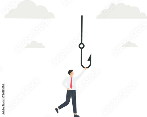 Businessman hanging on a fishing hook, Business challenge, Risky situation for Business strategy concept,
