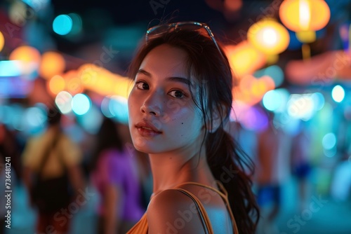 beautiful asian girl in an indeterminate place illuminated with many lights