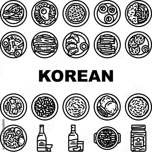 korean cuisine food meal icons set vector