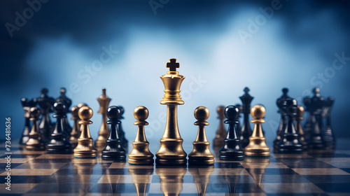 Chess pieces Queen rook on a chessboard symbolize teamwork leadership partnership business strategy and decision making illuminated