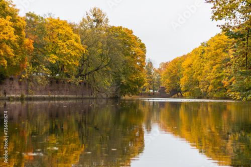 a lake surrounded by trees with yellow leaves