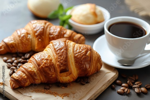 A mouth-watering spread of freshly baked croissants and steaming cups of coffee await on a stylishly set table, inviting you to indulge in a cozy and comforting breakfast experience