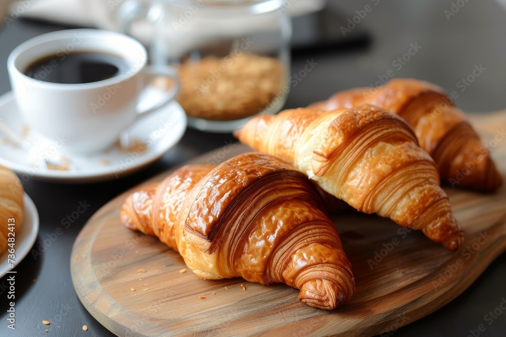 Indulge in a cozy morning treat with warm croissants and a steaming cup of coffee on a rustic wooden plate, adding a touch of elegance to your breakfast spread Indulge in a cozy morning treat with warm croissants and a steaming cup of coffee on a rustic wooden plate, adding a touch of elegance to your breakfast spread