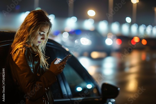 woman signaling her car at night in a parking lot photo