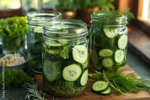 An abundant harvest of crisp cucumbers and fragrant dill captured in rustic mason jars, showcasing the wholesome and nutritious world of plant-based eating through the art of canning and pickling