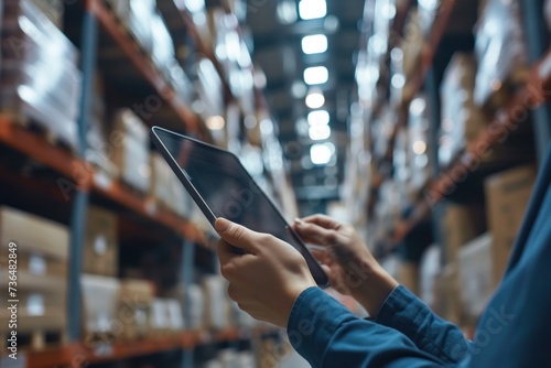 Person Using Tablet in Warehouse