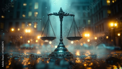A scale of justice is positioned in front of a city at night, with the illuminated skyline reflecting on the water. The sky is filled with clouds, creating a dramatic atmospheric phenomenon
