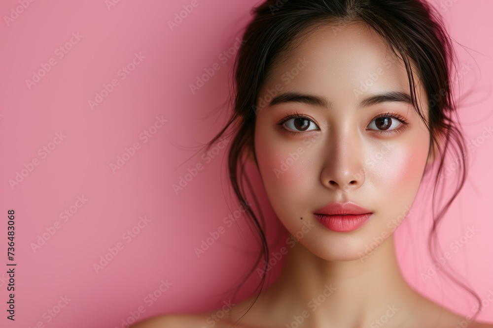 young Asian woman with dewy skin, pink backdrop highlights her delicate features and subtle makeup. Radiant beauty portrait, Asian female, clear complexion, pink tones enhance natural allure young Asian woman with dewy skin, pink backdrop highlights her delicate features and subtle makeup. Radiant beauty portrait, Asian female, clear complexion, pink tones enhance natural allure