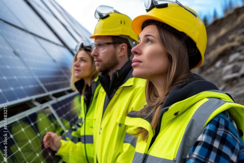 Group of technicians in high-visibility attentively survey solar panel installation, amidst rugged terrain. Inspection in reflective vests examines photovoltaic system, focus and professionalism Group of technicians in high-visibility attentively survey solar panel installation, amidst rugged terrain. Inspection in reflective vests examines photovoltaic system, focus and professionalism