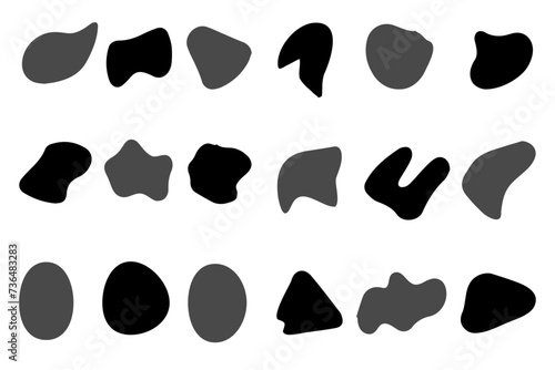 Random blob shape organic set. Pebble, inkblot, drops and stone silhouettes. Set of paint liquid black blotch spot in irregular form. Rounded abstract organic shapes. Flat fluid style vector design. 