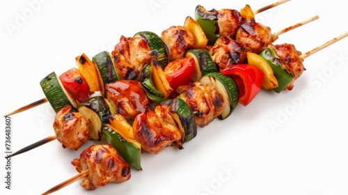 Tasty grilled chicken skewer with vegetables on wooden sticks isolated on white background, top view.