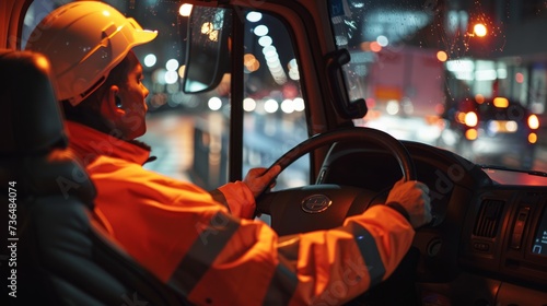 Truck or dump truck driver behind the wheel in the car cabin wearing an orange outfit with reflective stripes.