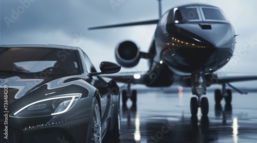 Luxury black car standing next to a private black jet at the airport, rich and luxurious life theme, front view. photo
