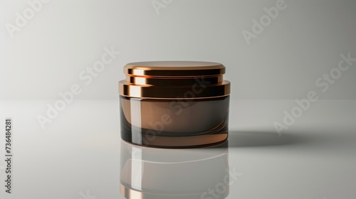 Cosmetic cream jar on a white background with reflection and shadow.