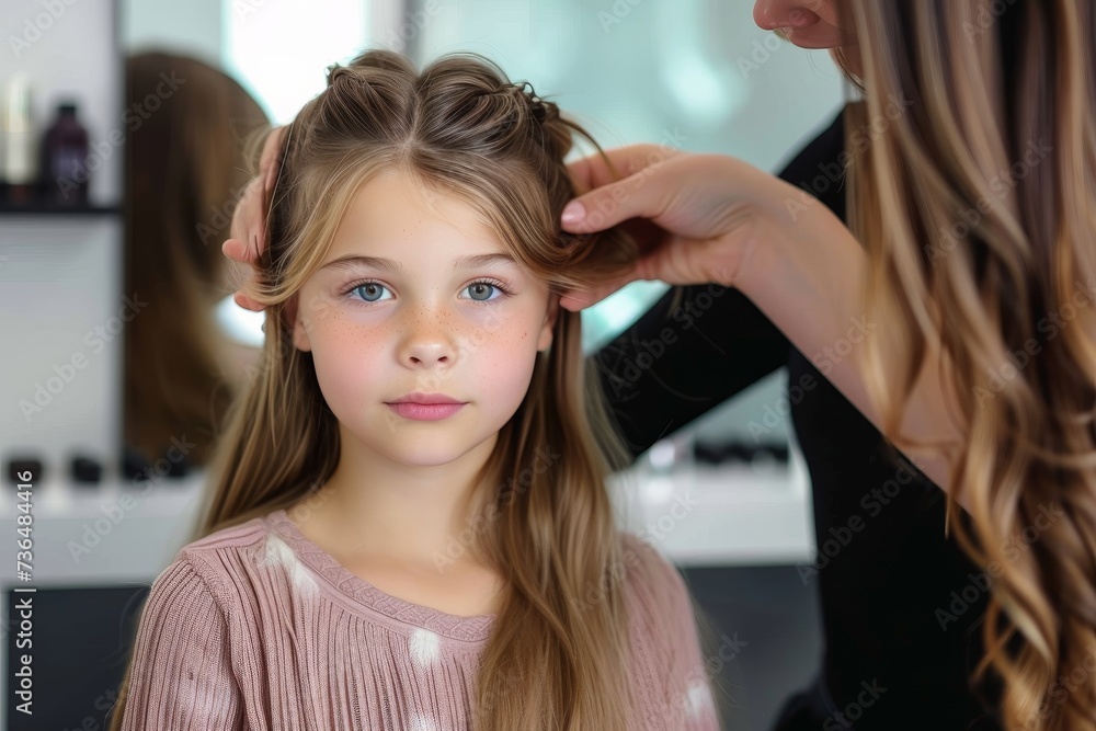 Fototapeta premium A young girl receives a glamorous makeover from a skilled woman at a fashion-forward beauty salon, as her brown hair is expertly combed and styled, accentuating her natural beauty and enhancing her c